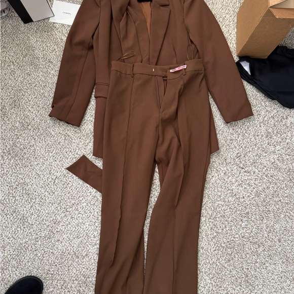 Brown-Medium CLASSIC BLAZER WITH BELT WIDE LEG SUIT TROUSERS. - Picture 2 of 4